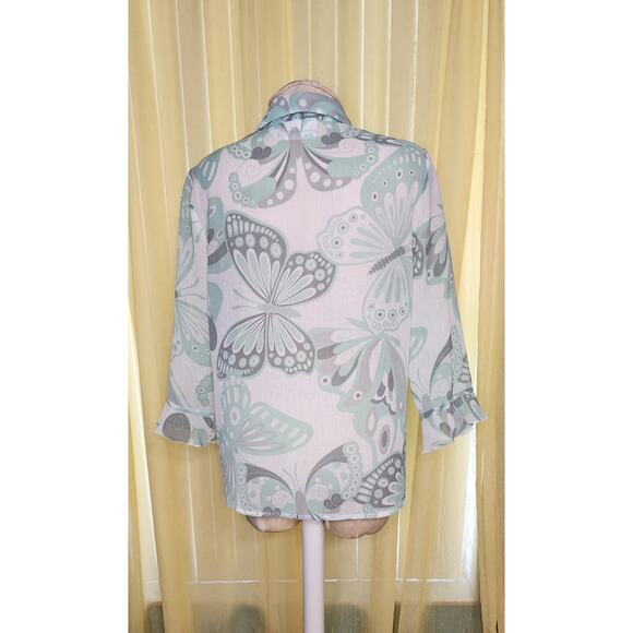 Alfred Dunner Mint green butterfly button up sheer top Size 8 - Picture 2 of 4